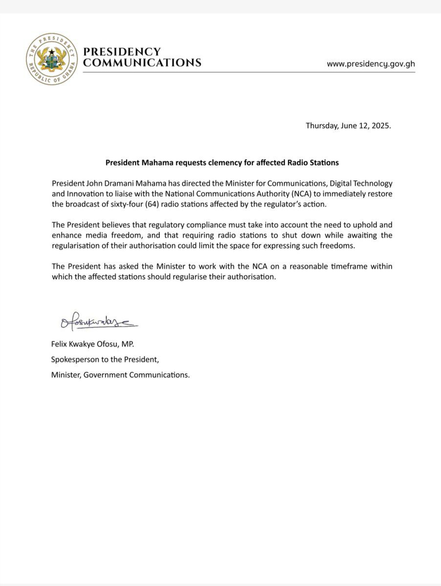 Mahama pardons 64 shut-down stations, directs Sam George, NCA to give time to fix issues