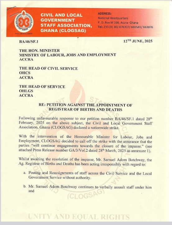 CLOSAG to strike over alleged misconduct of Births and Deaths Registrar