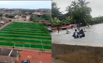 GH₵300,000 AstroTurf turns into swimming pool after heavy rainfall in Takoradi (Video)