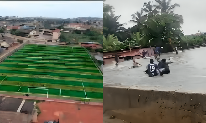 GH₵300,000 AstroTurf turns into swimming pool after heavy rainfall in Takoradi (Video)