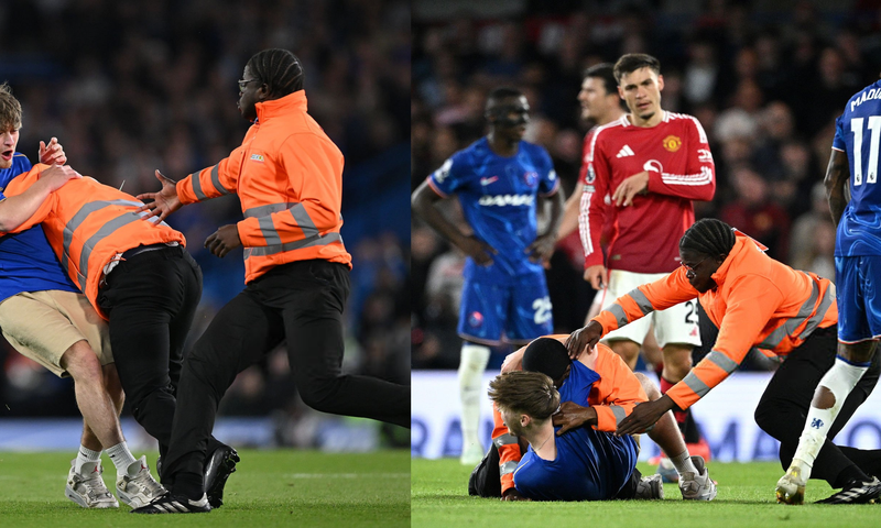 Pitch invader tackled like WWE star during Chelsea vs Man United match (Video)