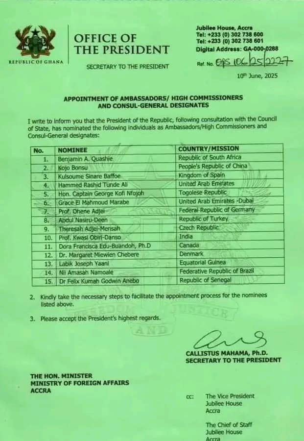 Mahama appoints Kalsoume Sinare, Kojo Bonsu, and 13 others as Ghana's new ambassadors