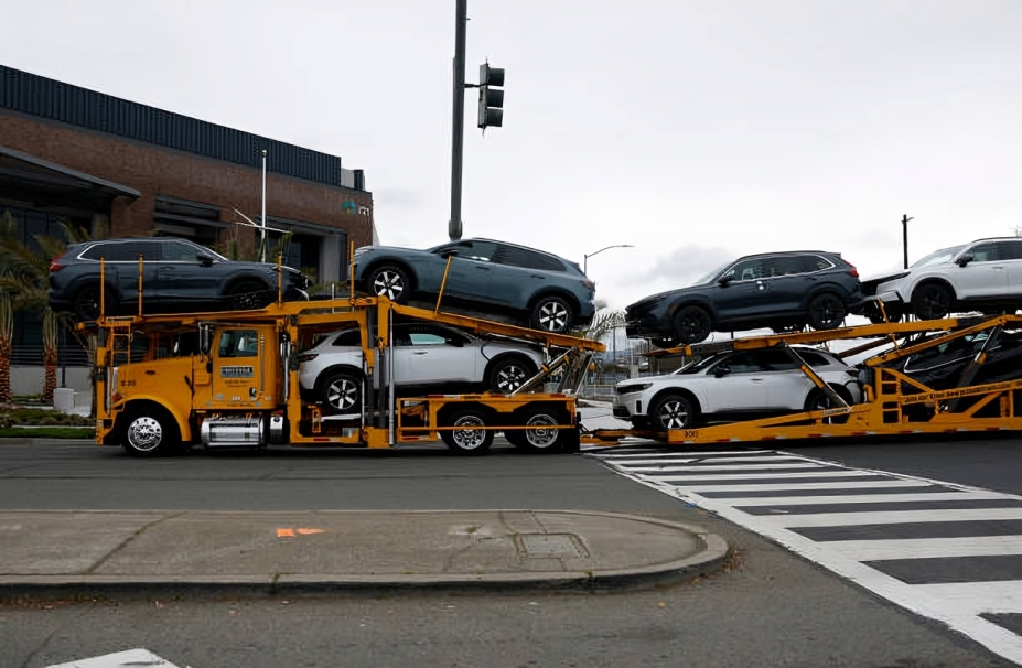 A truck carries brand new cars on March 04, 2025 in Richmond, California. U.S. tariffs against Mexico, China and Canada went into effect on March 4th and could be as high as 25 percent on all imports. (Photo by Justin Sullivan/Getty Images)