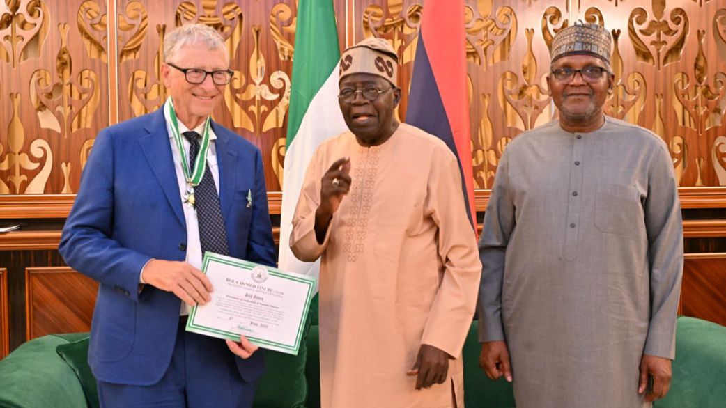 L-M-R: Bill Gates, President Bola Tinubu and Aliko Dangote. [Bola Ahmed Tinubu/X, formerly Twitter]
