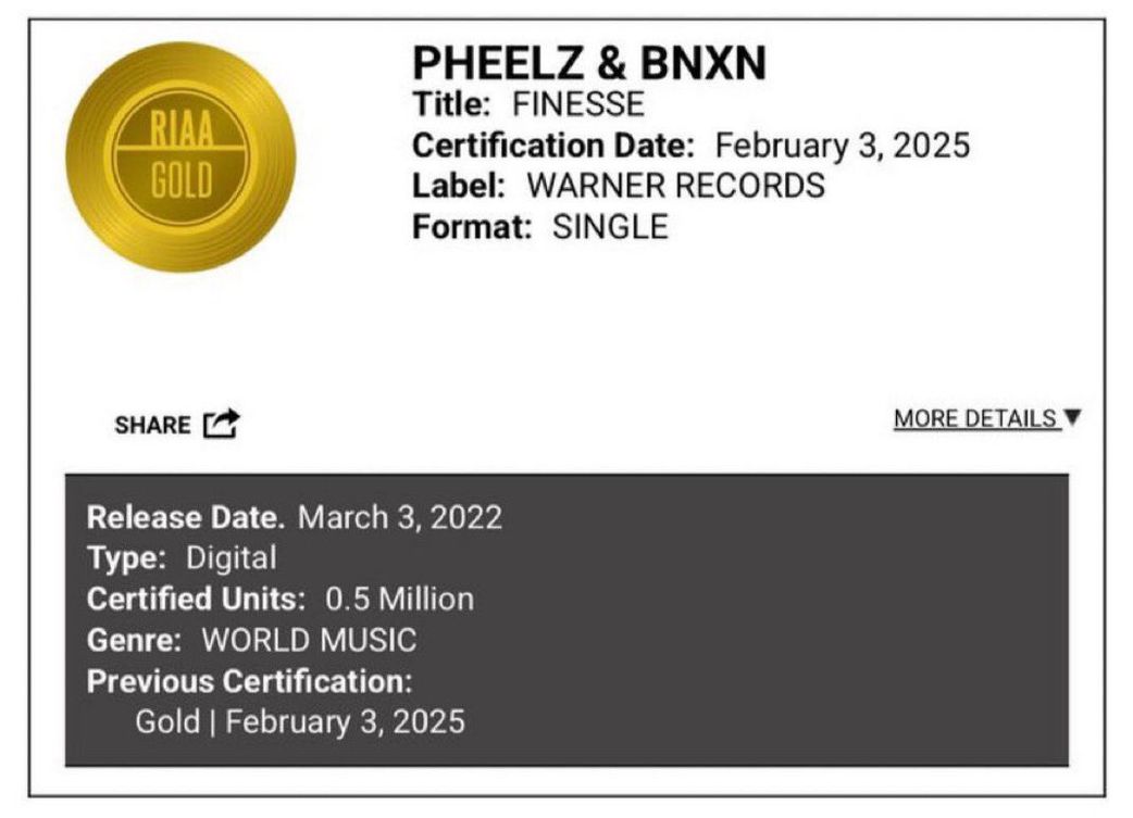 Pheelz earns his first gold certification in the United States
