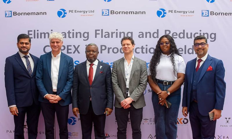 L-R: VP, AKD Dig Solut., Patel; Glob. Prod. Spec., Midstream & Downstream, ITT Bornemann GmbH, Scholl; Chair, PANA Holdings/Grp.CEO, PE Energy Ltd, Akobo; Glob. Prod. Mgr., Oil & Gas,  GmbH, Jeroen; VP, PE Energy Ltd, Maduagwu; & Grp. VP, PANA HLDG, Zavar