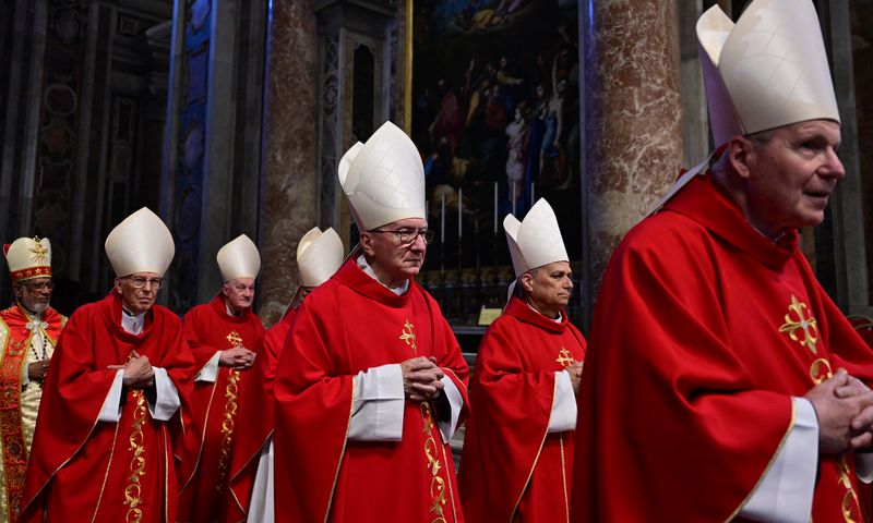 The Vatican's Cardinal Secretary of State Pietro Parolin (C) & cardinal Robert Francis Prevost (2ndR) attend the 7th Novemdiale mass at St Peter's basilica ahead of the conclave, in The Vatican, on May 2, 2025. [Getty Images]