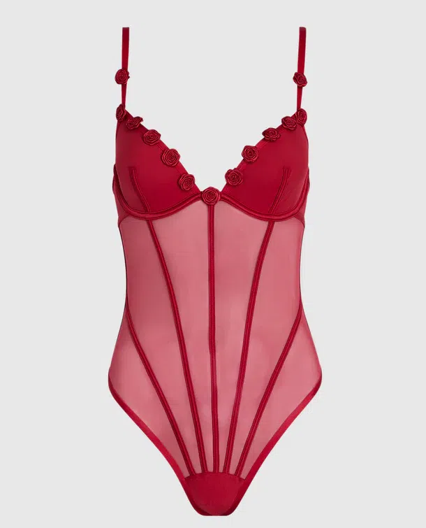 Unlined Mesh Bodysuit with Rosettes in Cosmo Red 