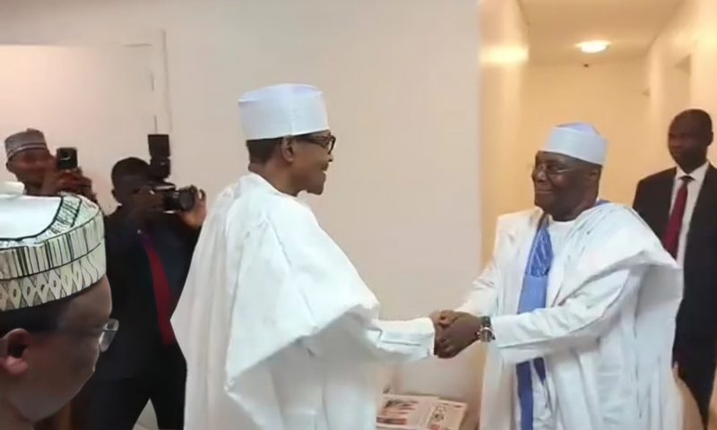 L-R: Ex-President Muhammadu Buhari and former Vice President Atiku Abubakar shook hands during their meeting in Kaduna on Friday, April 11. [Facebook]