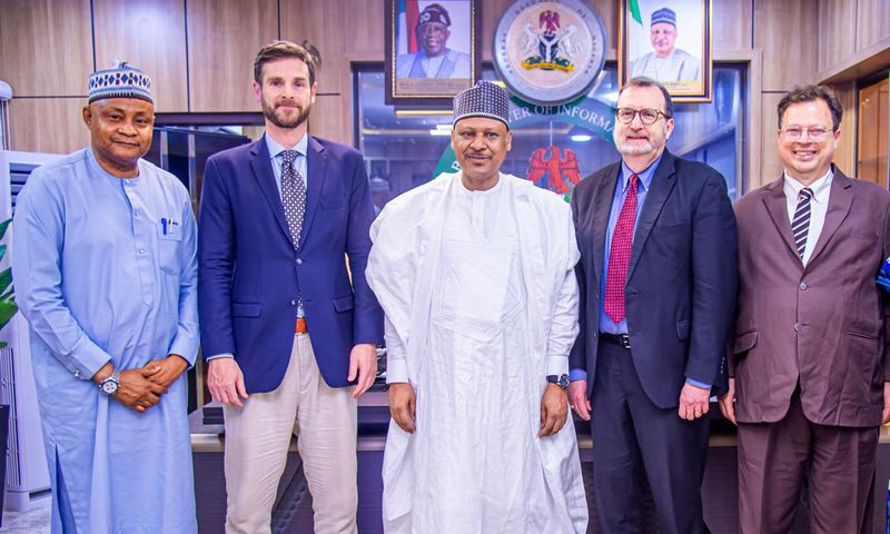 Minister of Info, Mohammed Idris (m); US Ambassador to Nigeria, Mr. Richard Mills (2nd-r); Public Diplomacy Counselor, Lee McMani (r); Spokesperson of the US Embassy, Gilbert Morton (2nd-l) during a courtesy visit to the minister on Tuesday. [Facebook]
