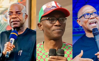 L-R: Governor Alex Otti of Abia State, Julius Abure and Peter Obi. [Facebook]