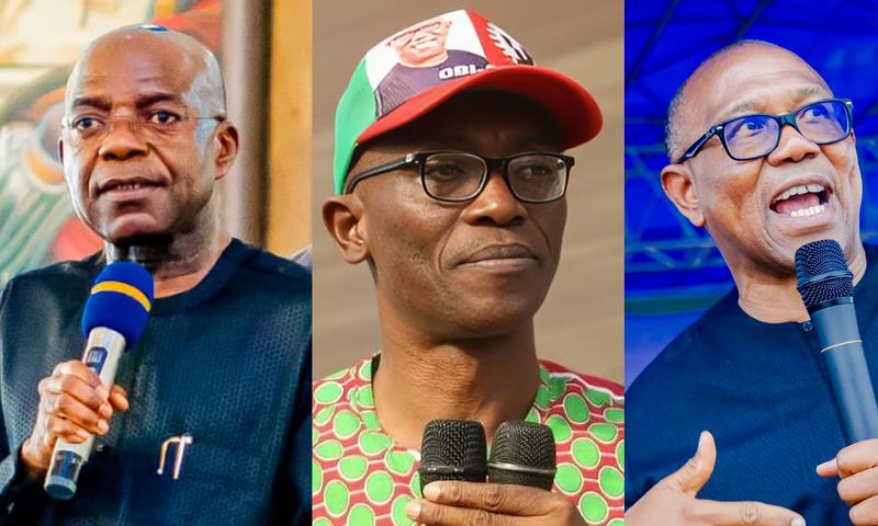 L-R: Governor Alex Otti of Abia State, Julius Abure and Peter Obi. [Facebook]