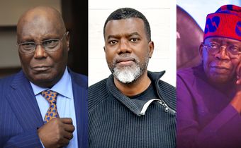 L-R: Former vice president Atiku Abubakar, Reno Omokri and President Bola Tinubu. [Facebook/Getty Images]