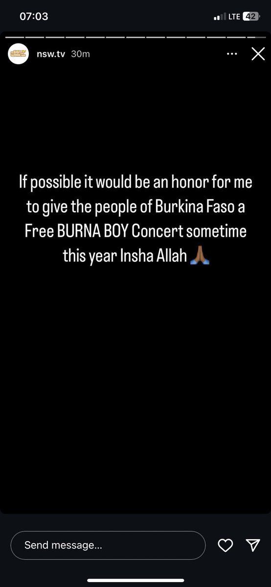 Burna Boy says he wants to headline a free concert in Burkina Faso