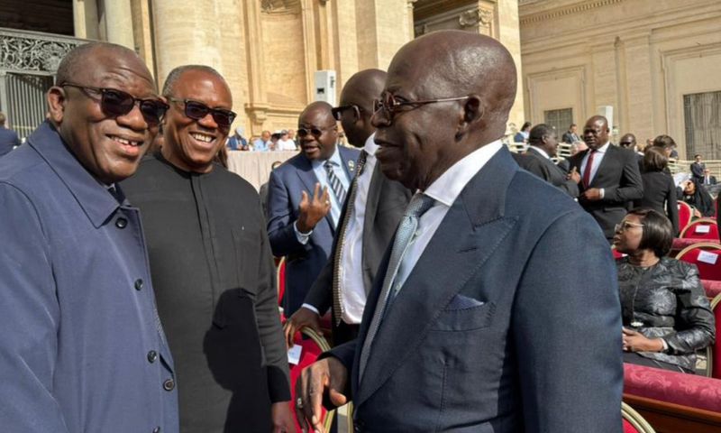 I'm head of the Nigerian delegation - Tinubu jokes with Obi at Pope Leo XIV's inauguration