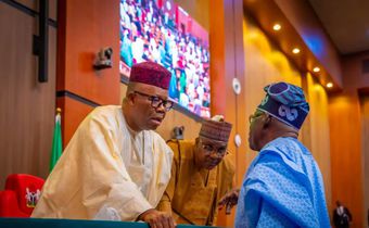 President Bola Tinubu and Senate President, Godswill Akpabio on the floor of the National Assembly.