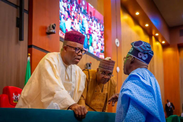 President Bola Tinubu exchanged pleasantries with Senate President, Godswill Akpabio on the floor of the National Assembly.