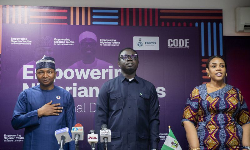 L-R: Hamzat Lawal, CEO Connected Development (CODE), Minister of Youths Development, Ayodele Olawande and Ijeoma Madu of Hope Care Grow Initiative. [CODE]