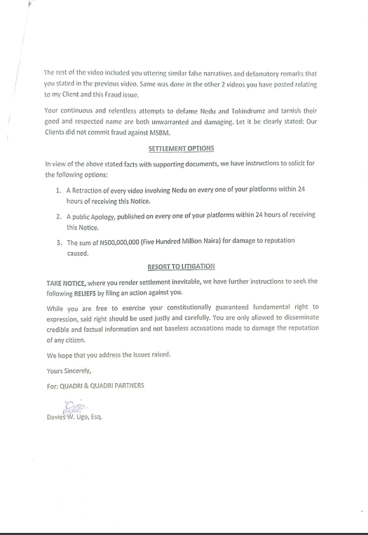 Nedu serves VDM notice for defamation, demands ₦500m compensation [EXCLUSIVE]