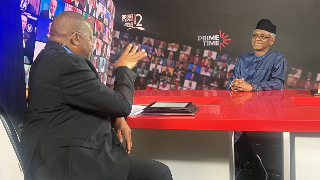L-R: Former Kaduna State governor, Mallam Nasir El-Rufai during his interview with ARISE TV Charles Aniagolu on Monday, February 24. [X, formerly Twitter]