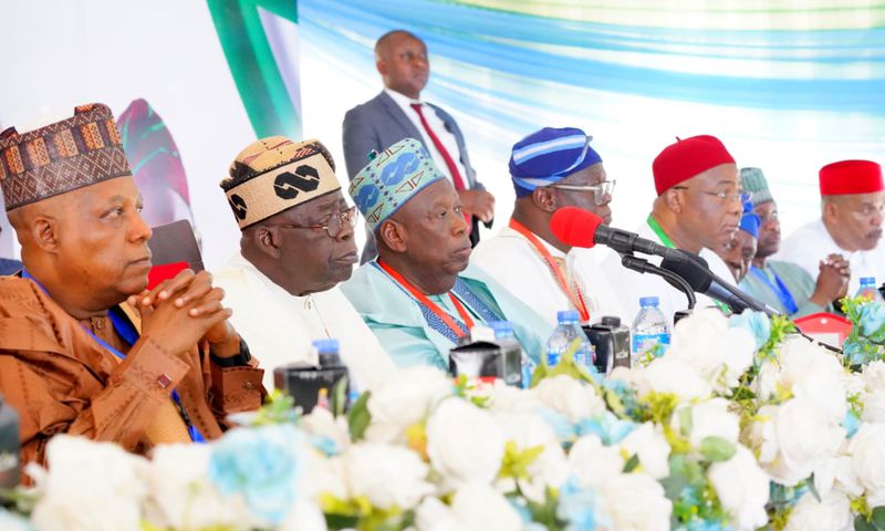 L-R: VP Shettima; President Tinubu; APC National Chairman, Dr Abdullahi Ganduje; APC National Secretary, Ajibola Basiru; Imo State Governor, Hope Uzodimma and former national chairman of the party, Chief Bisi Akande during the APC NEC meeting in Abuja