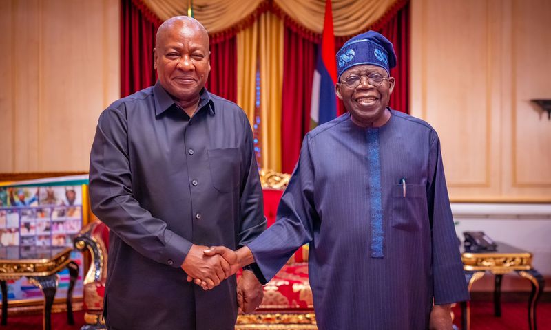 President Bola Tinubu receiving the visiting President of Ghana John Mahama, at the Presidential Villa in Abuja on Thursday