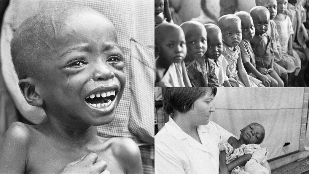 Starving children at the Queen Elizabeth Hospital, Umuahia just a few of the estimated one to two million victims of the Biafran War, 23rd June 1968. [Ron Burton/Getty Images]