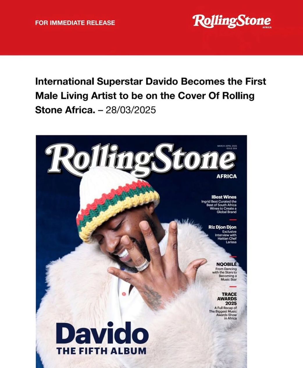 Davido makes history after becoming the first living African to cover this magazine