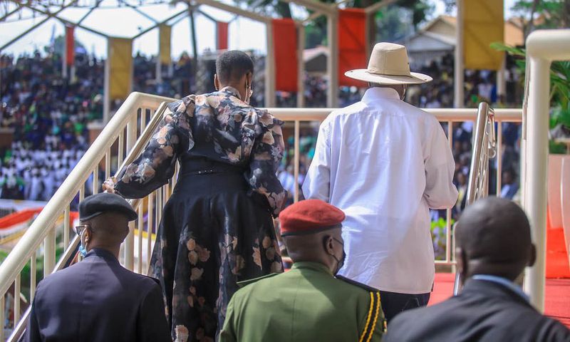 President Yoweri Museveni and his wife Janet on arrival at the Namugongi Anglican Martyrs site