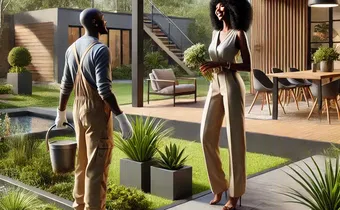 An AI-generated scene set in a modern house in Kenya features a black woman admiring her gardener.