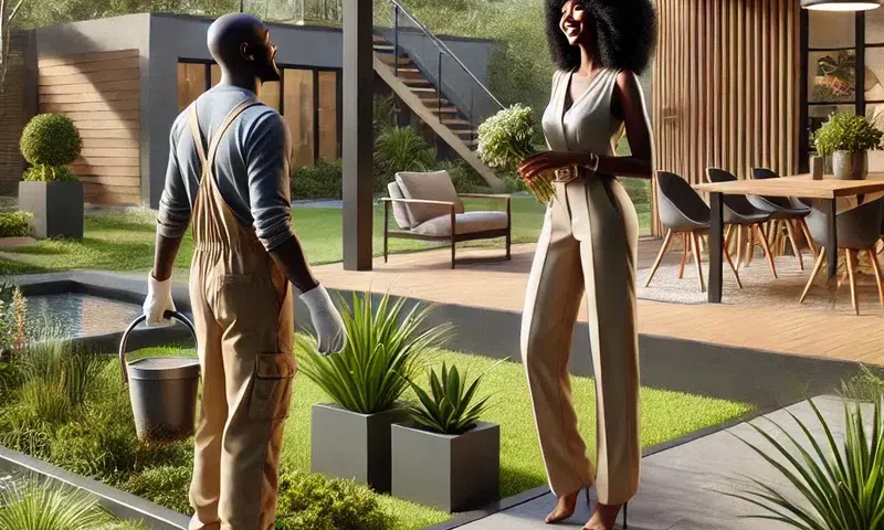 An AI-generated scene set in a modern house in Kenya features a black woman admiring her gardener.