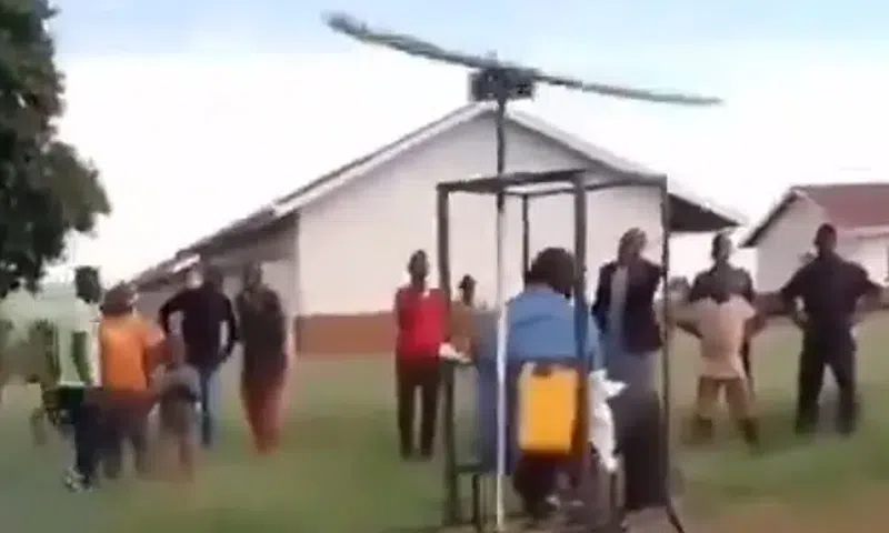Social media has erupted with laughter and admiration after a video emerged of a man attempting to fly his self-built helicopter.