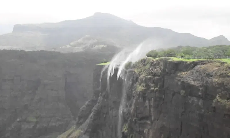 This waterfall gets its name because the water appears to flow upwards during the monsoon season.