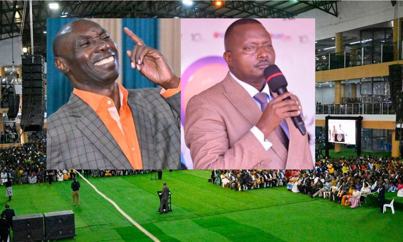 A collage of Pastors Kakande and Bugingo overlayed on a picture taken inside Kakande's church