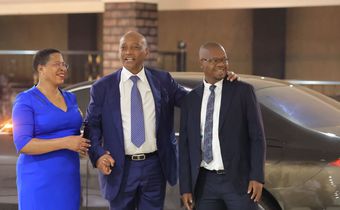 CAF President Dr Patrice Motsepe was welcomed in Uganda by Speaker Anita Among and her husband and FUFA President Moses Magogo