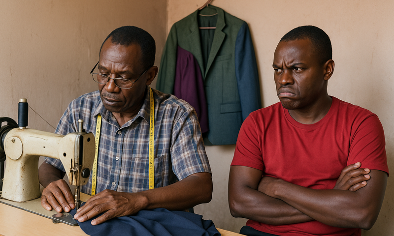 An angry man waiting for his outfit at a tailor