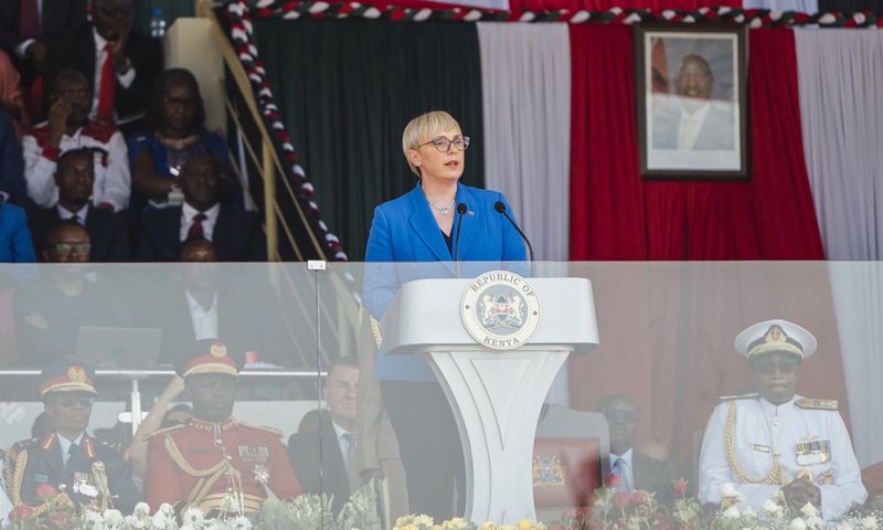 Nataša Pirc Musar, Slovenia's first woman president, gives her remarks at Kenya's Madaraka Day Celebrations at Raila Odinga Stadium, Homa Bay