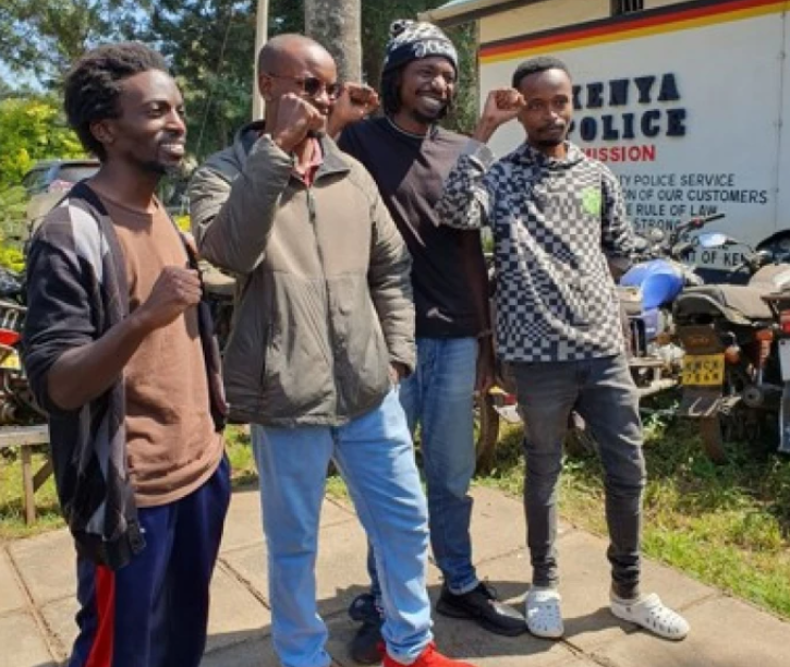 The four filmmakers who were arrested early on Saturday pose for a photo after their release from custody at Pangani Police Station on May 3, 2025