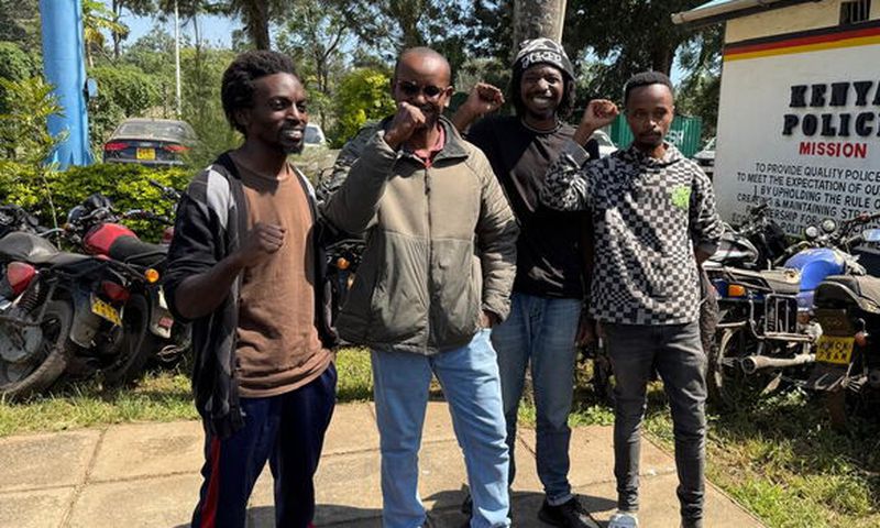 The four Kenyan filmmakers allegedly linked to BBC's Blood Parliament documentary Nicholas Gichuki Wambugu, MarkDenver Karubiu, Brian Adagala and Chris Wamae after their release on Saturday, May 3, 2025. (From L-R)