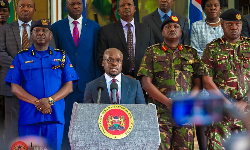 Interior PS Raymond Omollo addressing the press flanked by other key security heads