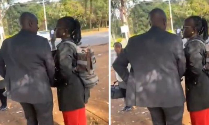 A DCI officer in a black suit allegedly harassing a Citizen TV journalist Agnes Oloo at DCI Headquarters along Kiambu Road