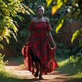 An AI-generated image of an African woman walking in nature