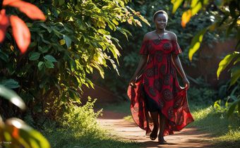 An AI-generated image of an African woman walking in nature