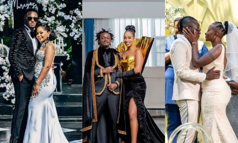 A collage image of celebrity couples DJ Mo & Size 8, Bahati& Diana and Guardian Angel & Esther Musila