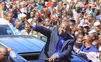 Former Interior Cabinet Secretary Fred Matiang’í acknowledges greetings from his supporters in Kisii town on May 2