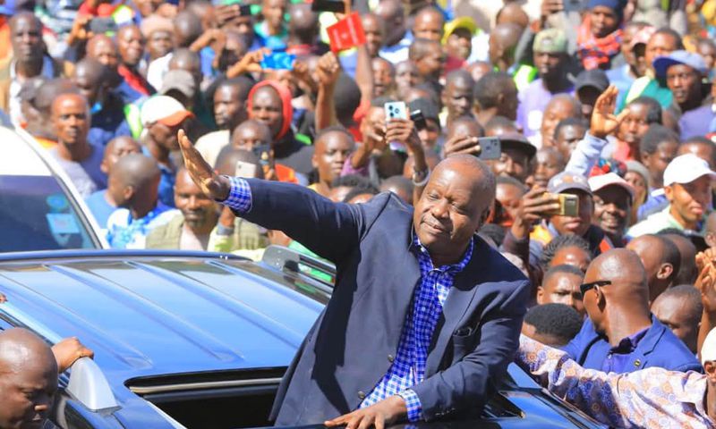 Former Interior Cabinet Secretary Fred Matiang’í acknowledges greetings from his supporters in Kisii town on May 2