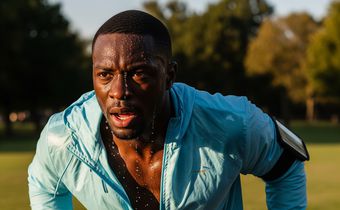 An AI-generated image of a man working out wearing a light-jacket