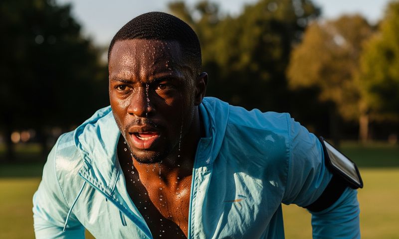 An AI-generated image of a man working out wearing a light-jacket