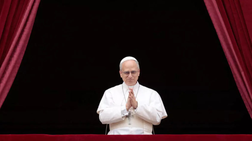 Pope Leo XIV leading prayers from the central balcony of Saint Peter's Basilica on Sunday, May 11, 2025
