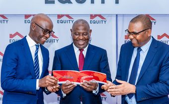 Equity Group board Chairman Dr James Mwangi with executives during the release of Q1 2025 results